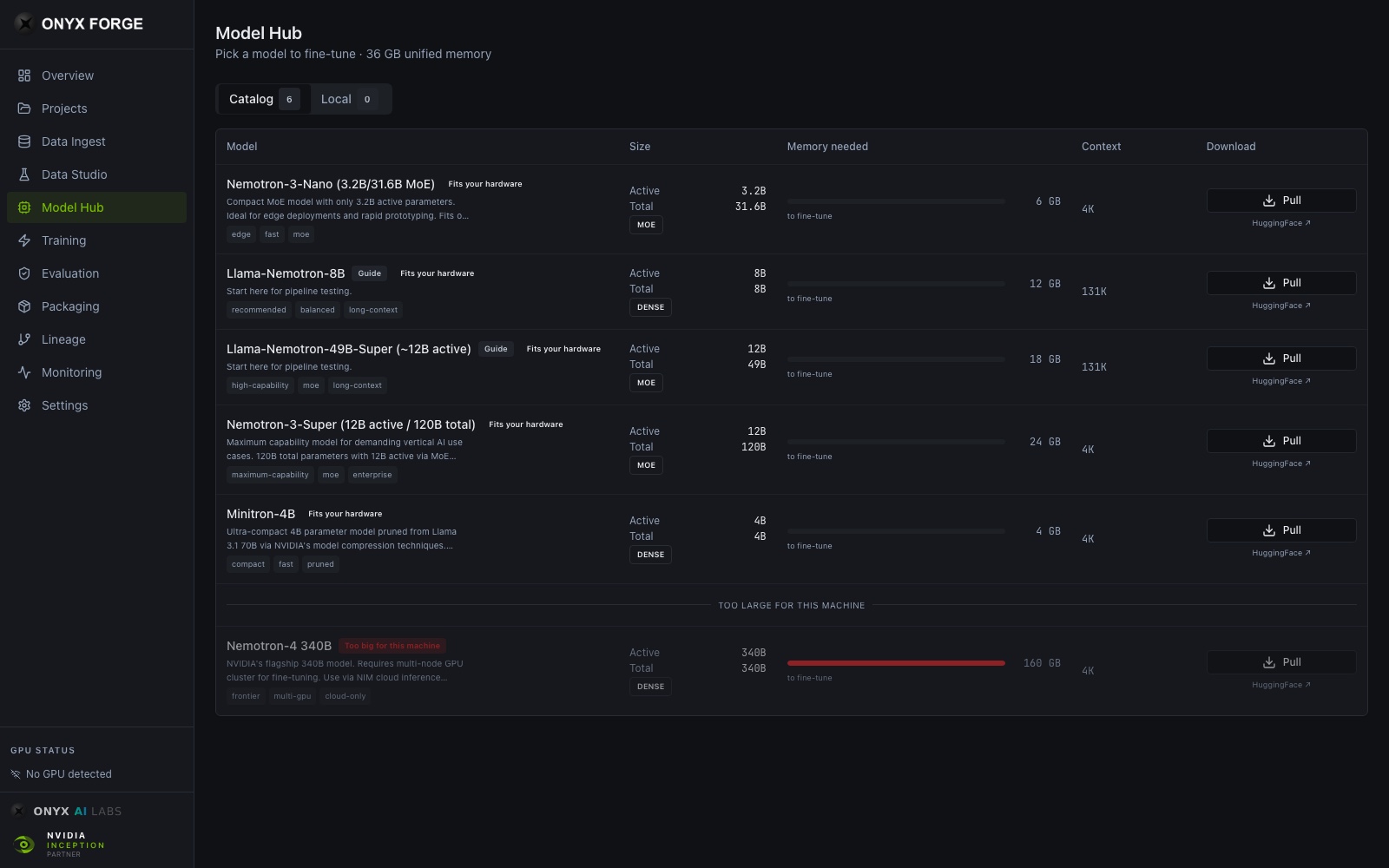Onyx Forge Model Hub — catalog of Nemotron and open-source base models with hardware-fit sizing