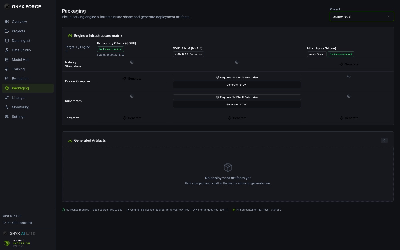 Onyx Forge Packaging — engine by infrastructure matrix for generating GGUF, NVIDIA NIM, and Terraform deployment artifacts